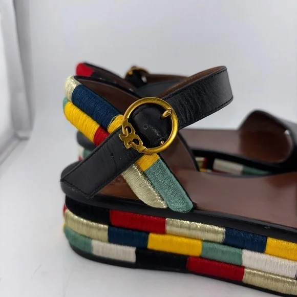 Tory Burch Leather Camilla Embroidered Platform Ankle Strap Sandals Size 5​​​​​ - Picture 3 of 16